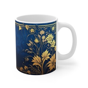 Elegant Floral Blue Ceramic Mug: Coffee & Tea Lover Gift