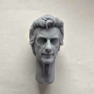 May include: A gray bust of a man with short, wavy hair. The sculpture has a detailed face with a slight smile and is set against a plain background. The bust is a detailed representation of a person.