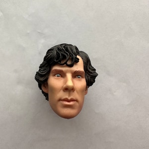 May include: A close-up of a plastic head sculpt of a man with short, dark brown hair. The head sculpt has realistic features, including brown eyes, a defined nose, and a slightly open mouth.