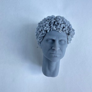 Puede incluir: Busto gris de un hombre con cabello rizado. La escultura tiene un rostro detallado con rasgos definidos, incluyendo una nariz prominente y una expresión severa. El busto está sobre un fondo blanco liso.