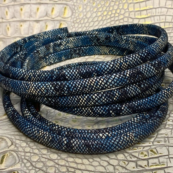 Snakeskin Licorice Leather Cord-Denim Blue, Black|10x5mm|Faux PU Snakeskin Wrap, Solid Leather Core|Sold by 7" or 8" Piece