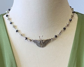 Butterfly Choker Necklace|Cast Pewter Pendant|Silver, Midnight Blue Rosary Chain|Steampunk Choker, Cosplay Jewelry, Industrial Jewelry