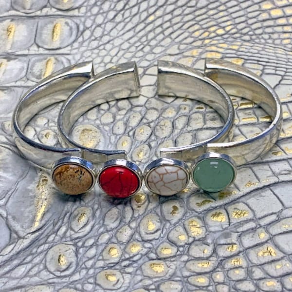 Silver Half Cuff Bracelet Component|Real Silver Plate over Zinc|Semi Precious Stones|Button Clasp Closure (1578)