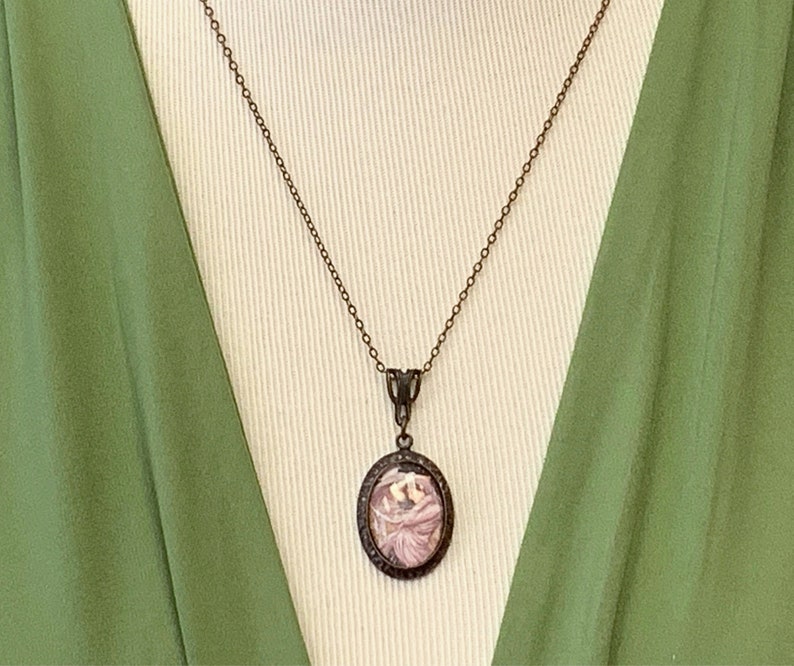 Delicate Raphael Rennaisance Cameo NecklaceDark Aged Copper FindingsTiny 2mm Etched Cable ChainRen Faire Necklace, Raphael Cameo image 3