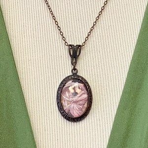 Delicate Raphael Rennaisance Cameo NecklaceDark Aged Copper FindingsTiny 2mm Etched Cable ChainRen Faire Necklace, Raphael Cameo image 1