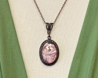 Delicate Raphael Rennaisance Cameo Necklace|Dark Aged Copper Findings|Tiny 2mm Etched Cable Chain|Ren Faire Necklace, Raphael Cameo