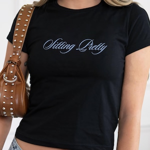 Sitting Pretty Baby Tee - Coquette Trendy Babytee, Downtown Girl Pinterest Style, Womens Fitted Tee, Vintage 90s Style Aesthetic Tee