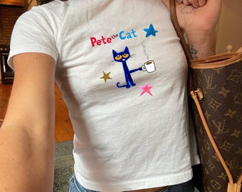 Cool Cat Baby Tee - Pete the Cat Shirt, Pete the Cat Drinking Coffee, Children's Nostalgia Merch, Trendy Baby Tee, Coquette Vintage Design