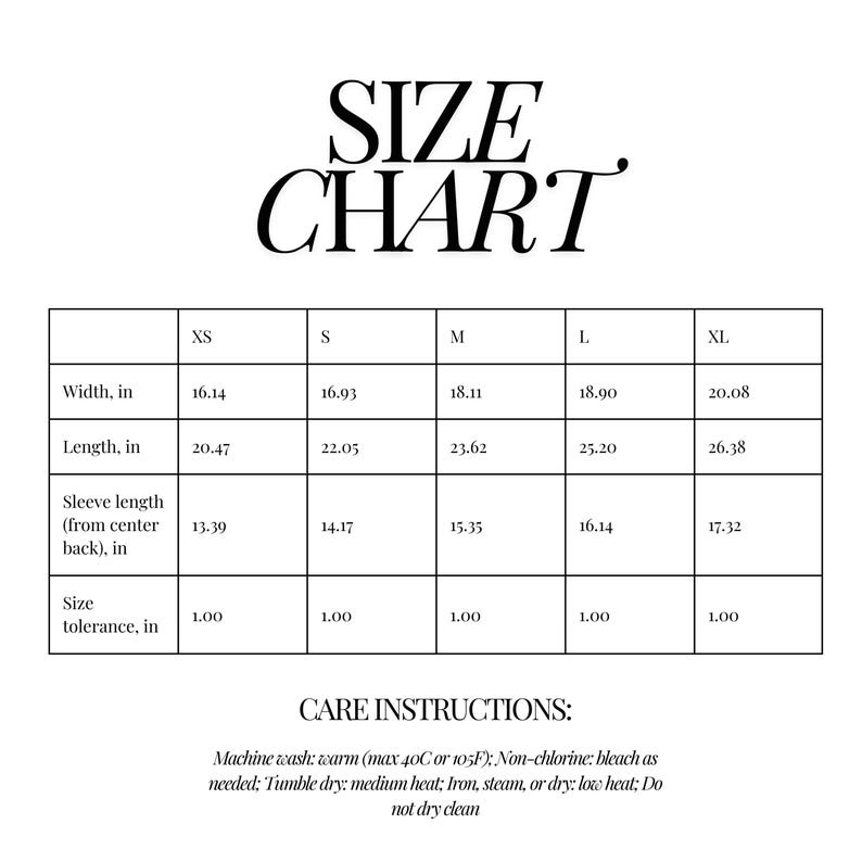 May include: Size chart for clothing with measurements in inches for width, length, sleeve length, and size tolerance. The chart includes sizes XS, S, M, L, and XL.
