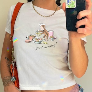 Good Morning Curious George Graphic Shirt Baby Tee - Cute Pancake Top, Trendy Babytee, y2k Babytee Kids Nostalgic Cartoon, 90s Style Cartoon