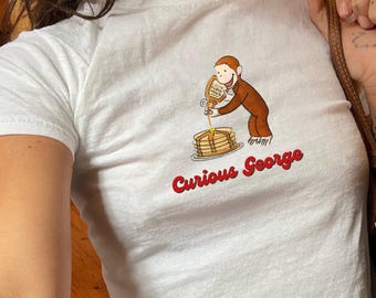 Graphic Curious George Baby Tee - good morning pancakes shirt, cute pancake graphic top, trendy baby tee, y2k babytee kids nostalgic cartoon