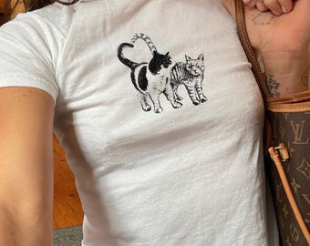 Vintage Kitten Baby Tee Shirt - 90s Aesthetic Baby Tee, Coquette Cat Trendy Babytee, 90s Style Fitted Tee, Retro Cat Graphic Top, Y2k Tee