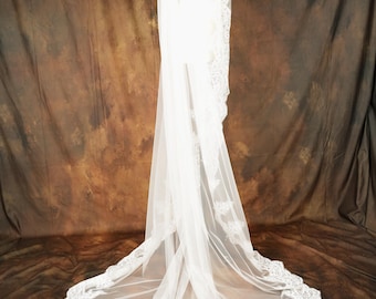 Handmade Cathedral Veil, Long Floral Sequined Lace, Ivory White Bridal (120 Inch)