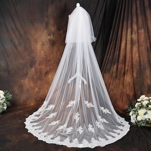 Handmade Ivory Cathedral Wedding Veil: Sequined Floral Lace, 120 Inches