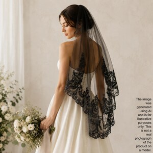 New‎ Black Lace Veil 41 inch Wedding Goth Victorian Bridal Bride Knee Fingertip Black Veil, Cathedral Lace Veil, Drop Veil-drop Wedding Veil  main image 4