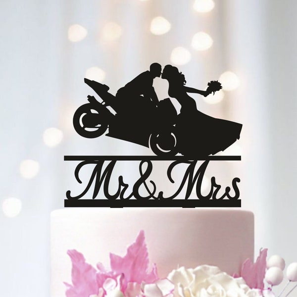 Mr and Mrs Biker Wedding Cake Topper, Motorcycle Bride and Groom Couple Silhouette, Handmade Black Acrylic Personalized Decoration Plug