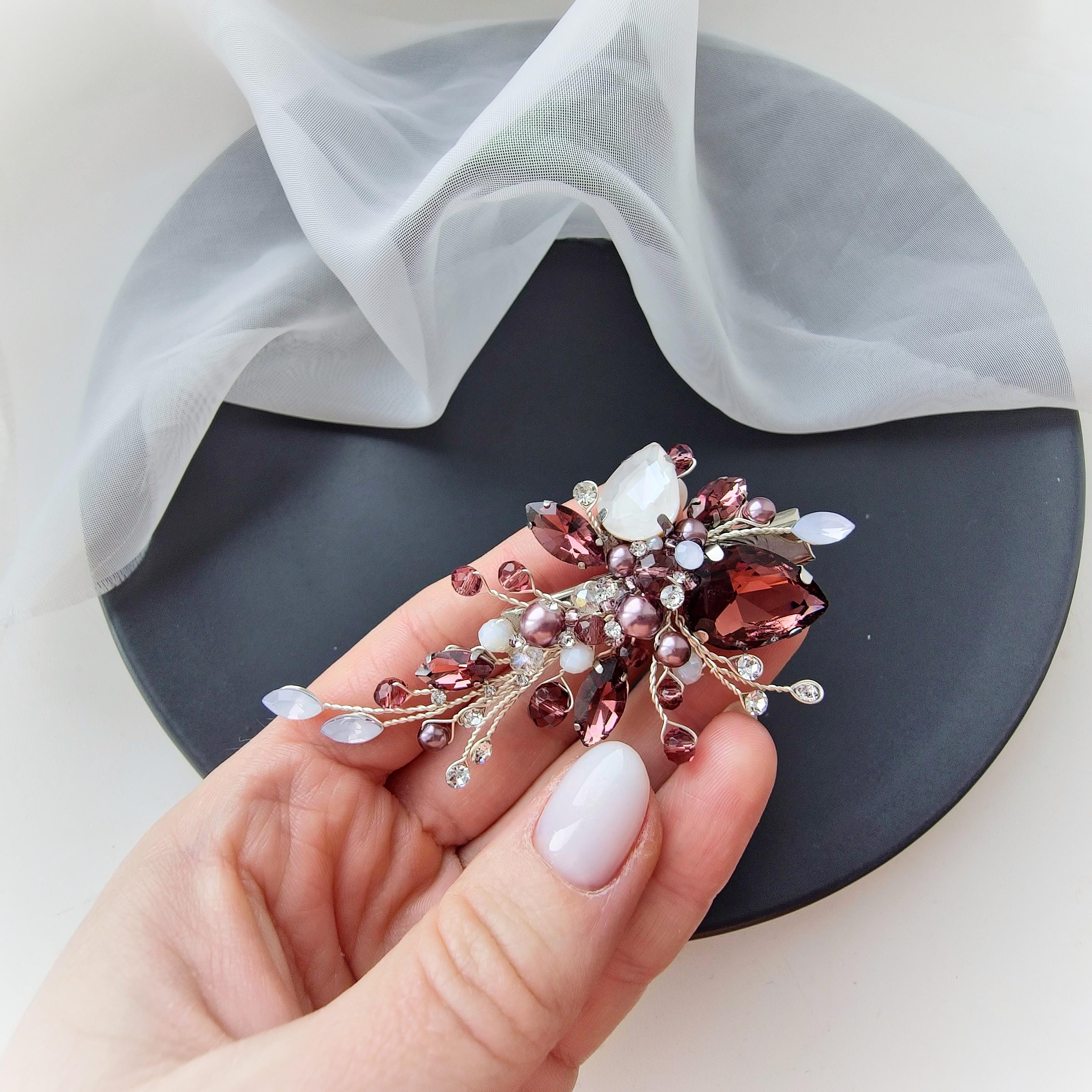 Handmade Burgundy Opal Crystal Wedding Hair Clip: Silver Bridal Hair Piece