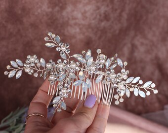 Opal crystal flowers bridal comb. Silver wedding hair comb. Bridal hair piece. Wedding hair jewelry. Prom comb SLcomb1049s