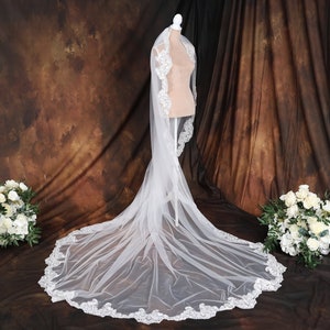 Cathedral veil, Wedding veil, Royal veil, Lace edge bridal veil, Floral lace, Long lace applique veil, White veil YQYL1011w
