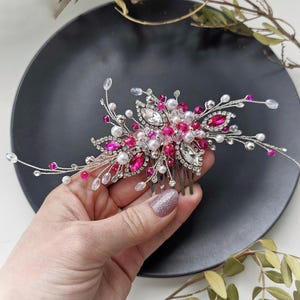 Silver Fuchsia Crystal Bridal Hair Comb: Pearl Wedding Hair Piece