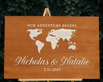 Personalized World Map Wooden Guest Book: 3D Travel Theme Wedding Sign