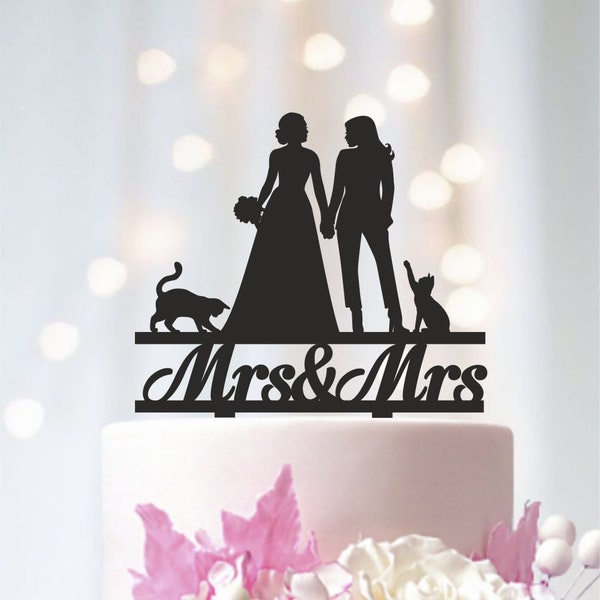 Fully Custom Lesbian wedding cake topper with two cats, Two women cake topper, Lesbian cake topper with cats, mrs and mrs cake topper