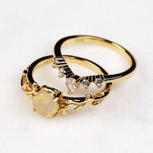 Opal Engagement Ring Set: Gold-Plated Leaf & CZ Wedding Rings