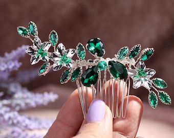 Emerald crystals wedding hair comb. Floral bridal hair comb. Silver hair jewelry. Prom hair comb YHC1098r