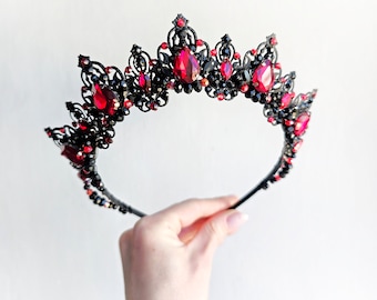 Black Red Crystal Gothic Tiara, Handmade Alternative Bridal Crown, Dark Wedding Headpiece