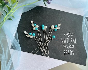 Set of 5 blue turquoise pearl bridal hair pins. Wedding Hair Pins. Crystal Hair Pins. Bridal Hairpins. Hair Pins for Wedding VF-415