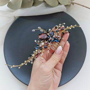 Burgundy & Navy Crystal Wedding Hair Comb: Gold Bridal Hairpiece
