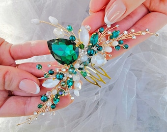 Emerald Crystal Wedding Hair Comb. Opal Bridal Comb. Bridal hairpiece. Bridesmaids hair comb. Wedding hair jewelry. Prom hair comb VF-464