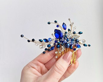 Royal Blue Crystal Gold Wedding Hair Comb, 4 Inch