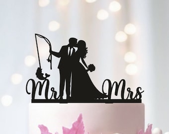 Fishing Wedding Cake Topper, Bride and Groom with fishing rod, Fishing Poles Cake Topper, Fishing Theme Decor, Fish Cake Topper