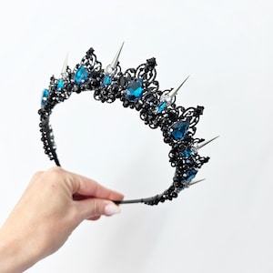 Gothic Bridal Crown: Teal Blue Crystal & Silver Spike Tiara