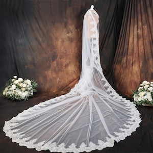 Handmade Cathedral Wedding Veil: Long Floral Sequined Lace, Ivory