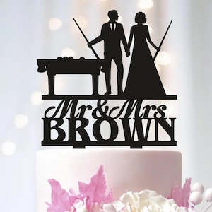 Billiards Wedding Cake Toppers, Bride and Groom with Pool Cues Cake Topper, Billiard Themed Cake Topper, Snooker Cake Topper T197