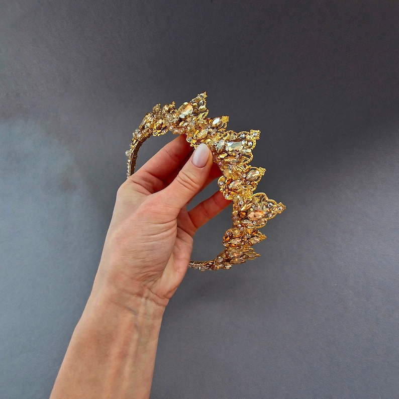 Tiara de casamento em cristal dourado champanhe: Coroa de noiva de princesa imagem 4