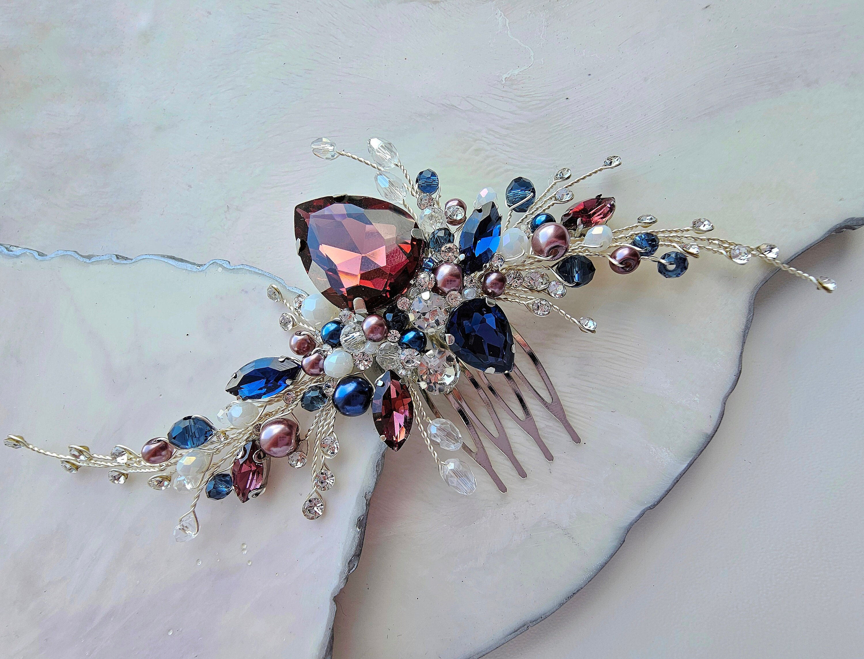 Burgundy and Navy Blue Crystal Wedding Hair Comb. Wedding Hair Piece ...