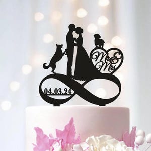 Personalized Wedding Cake Topper: Bride, Groom & Dogs Silhouette