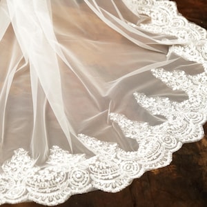 Handmade Cathedral Wedding Veil: Long Floral Sequined Lace, Ivory or White