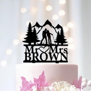 Custom Skiing Couple Wedding Cake Topper: Mountain Winter Theme