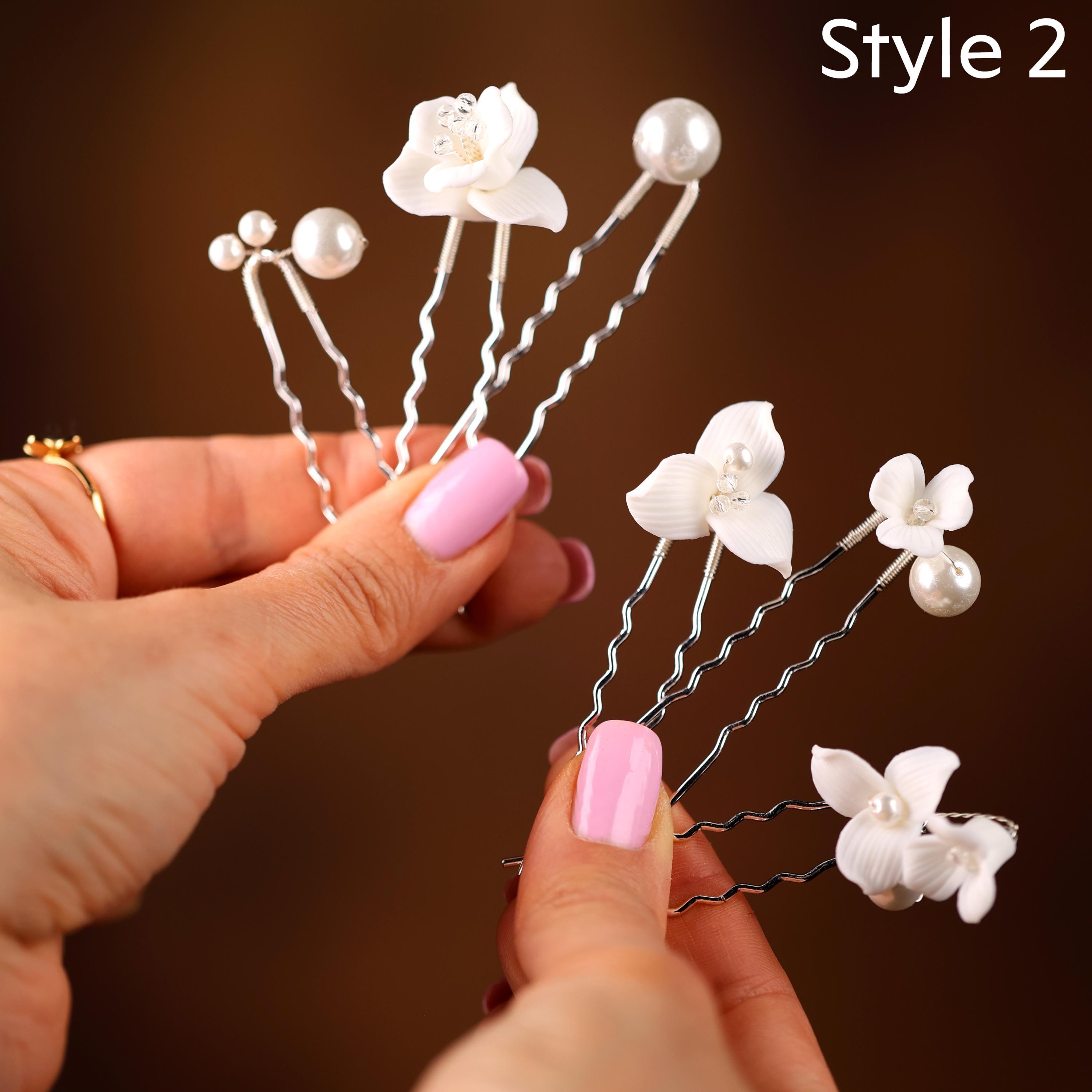 Porcelain Flower Bridal Hair Pins: White Pearl Wedding Hairpiece (Set of 6) Paradise Ivory Ceramic Flower Hair Pins main image 4