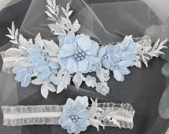 Jarretière de mariage en tulle bleu, jarretière de mariée en dentelle, quelque chose de bleu pour la mariée, jarretière de mariée fleur bleue