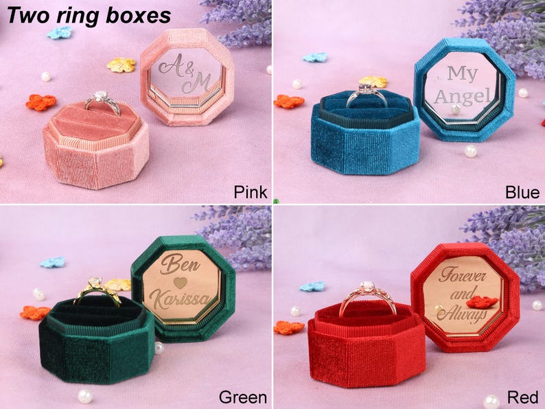 four ring boxes with different designs on them
