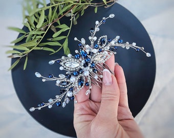 Navy Blue Crystal Bridal Hair Comb. Silver Wedding Hair Comb. Pearl Hair Comb for Wedding. Bridal Hair Piece. Hair Accessory VF-518