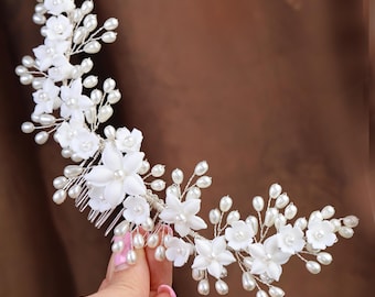 White Porcelain Flower Bridal Comb: Silver Pearl Wedding Hairpiece