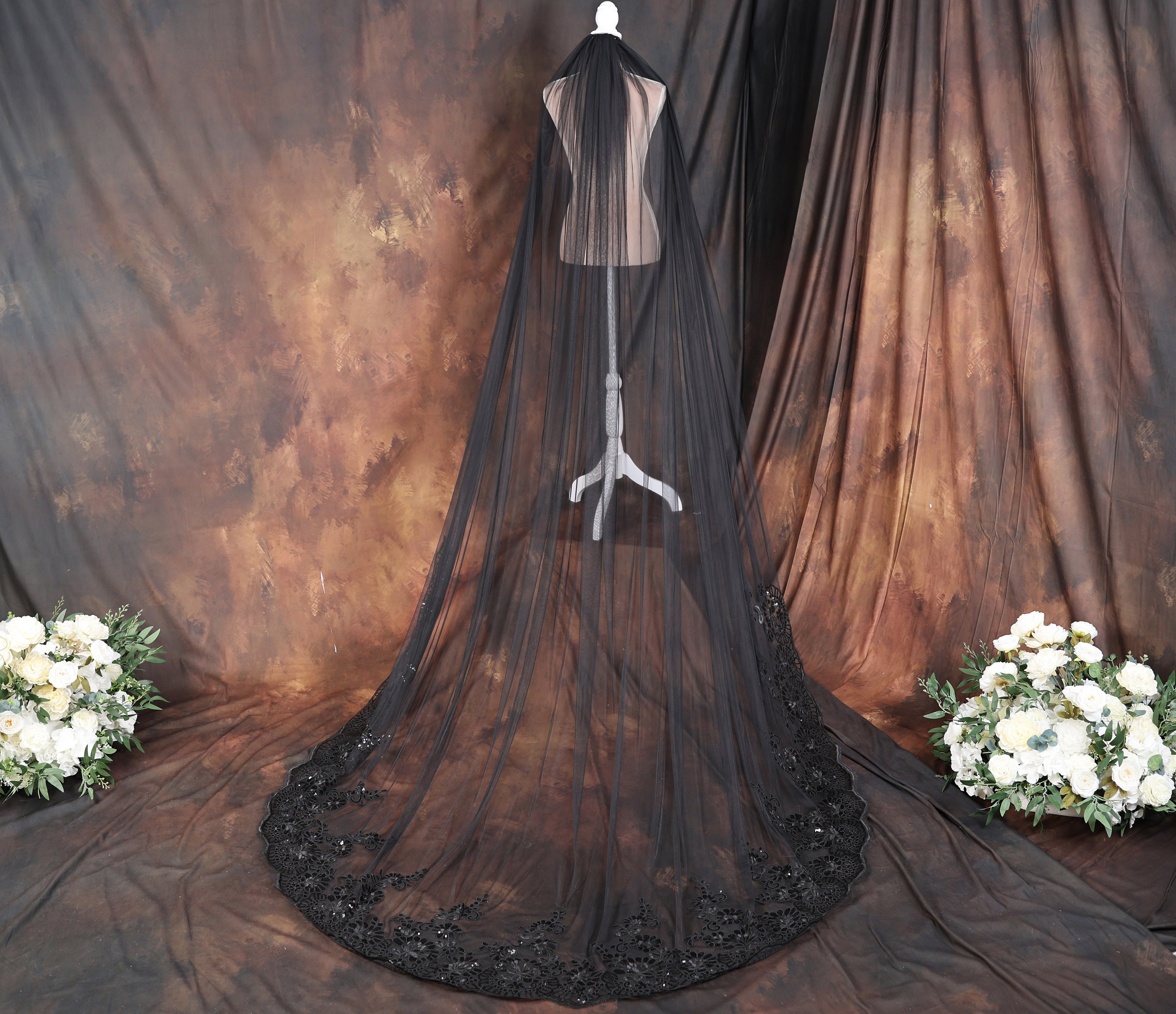 HOBBISAY 1 Jeu De Voiles En Dentelle Noire Avec Gants De Mariée Voile