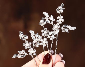 Set of Floral Bridal Hair Silver Wedding Hair Pearl