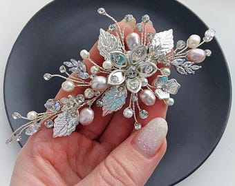 Silver Pearl and Crystal Bridal Hair Clip • Wedding Hair  display picture 3
